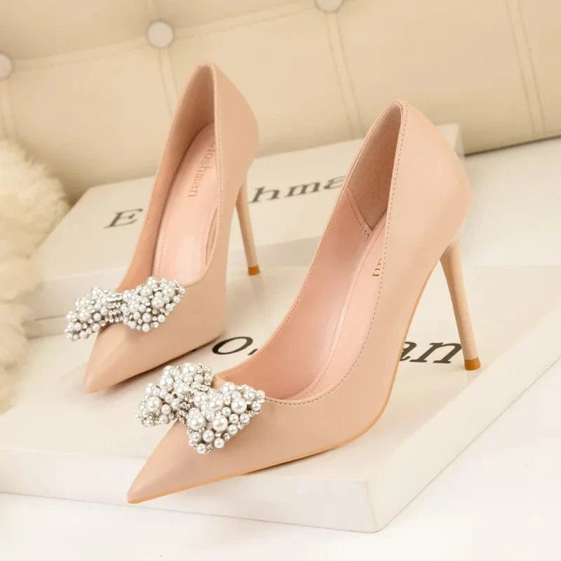 34 / Nude(9.5cm)` New Elegant Banquet Ladies Shoes Women Pointed-toe Shallow Sandals Summer Autumn High Heel Pumps Female