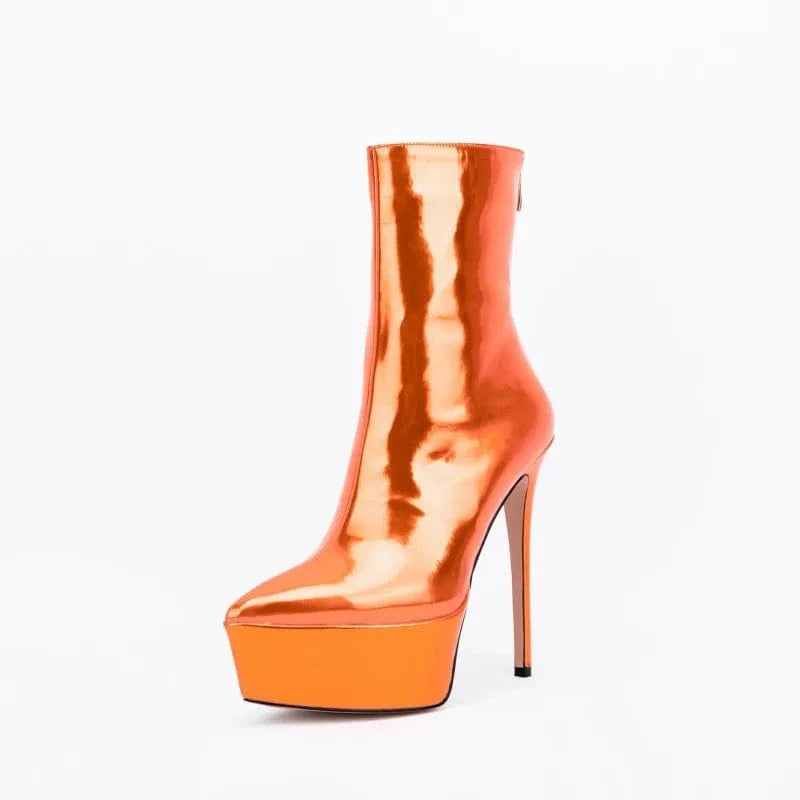34 / Orange Banquet Botas Ladies Fall Winter High Heels Metallic Boots Women Thick Sole Back Zipper Pointy Toe Platform Heels Mid Calf Boots