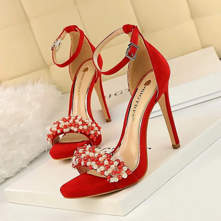 34 / Red 11cm Sexy Banquet Women's Shoes Stiletto Super High-heeled Platform Suede Pearl Rhinestone Sandals