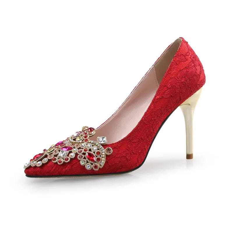 34 / Red(9cm)` New Wedding Dress Mujer Shallow Sandals Point Toe Lace Women Crystal Bridal High Heels Stilettos