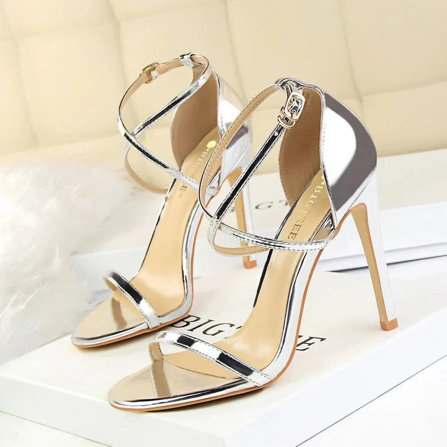 34 / sil ver 11CM 34-40 Fashionable and sexy nightclub sandals Summer slim heels and ultra-high heels Hollow cross strap sandals