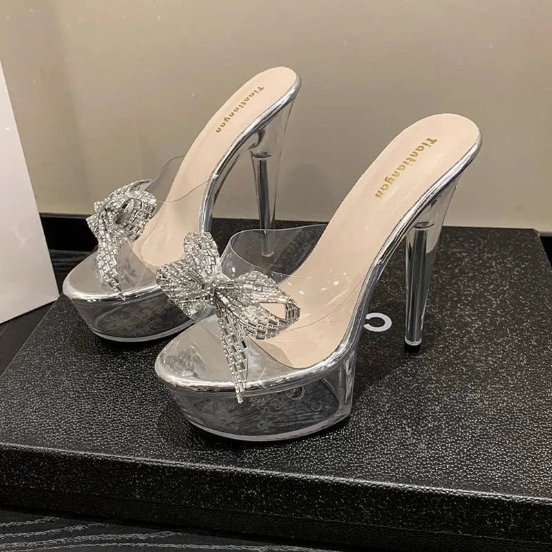 34 / silver 11cm PDEP 2023 Summer Waterproof Platform Fashion platform Transparent thick Ultra High Heel Sandals Women's Slippers chunky mule