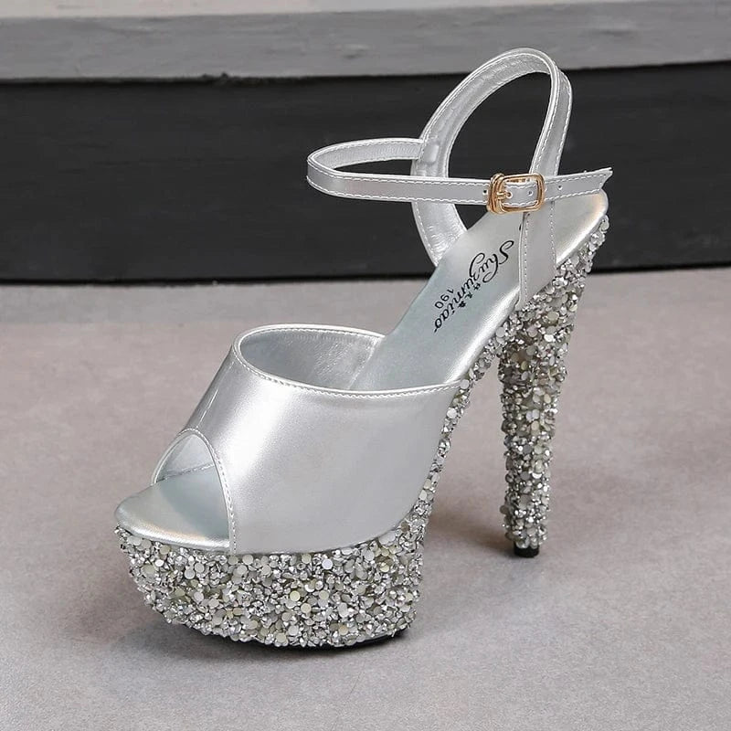 34 / Silver 15 cm Trendy Summer Shoes Women 13 CM Strippers Heels Glitter Platform Sandals Sexy Buckle Straps Pole Dance Shoes Women