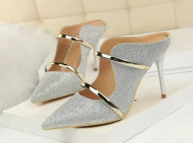 34 / silver Wholesale 9 cm Stilettos Slippers New Designer High Heeled Pointed Toe Ladies Sandals Sexy Elegant Heeled Sandals