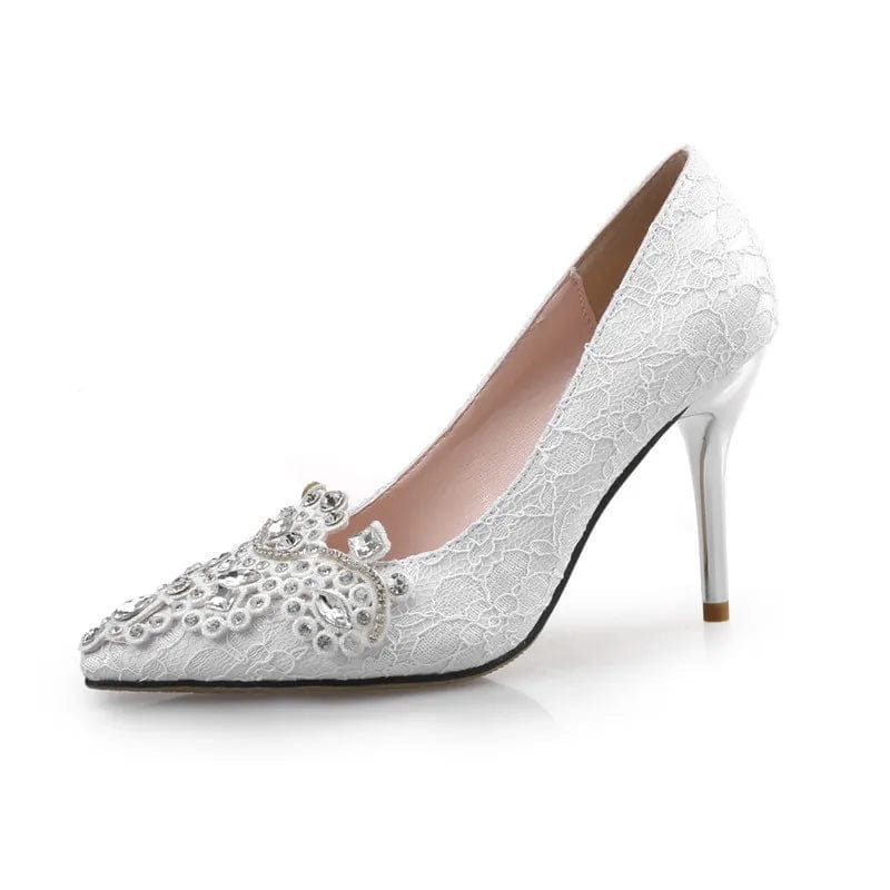 34 / White(7cm)` New Wedding Dress Mujer Shallow Sandals Point Toe Lace Women Crystal Bridal High Heels Stilettos