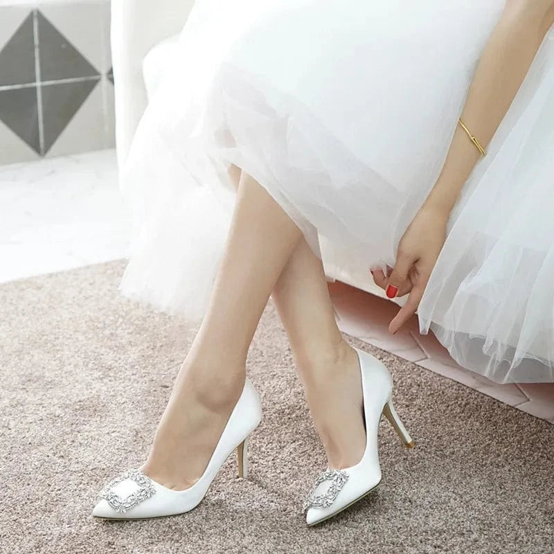 34 / White(9cm)` Women Wedding Shoes 31-43 Pointed-toe Square Buckle Women Pump Ladies Banquet Dress Shoes Four Seasons Wear Female High Heels