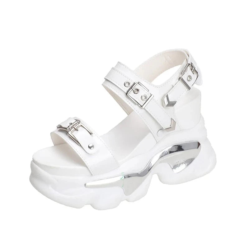 34 / White Dropshipping Custom Logo Metal Buckle Fashion Women's Wedges Sandals Green Comfortable  Height Increasing Shoes Girls Sandals