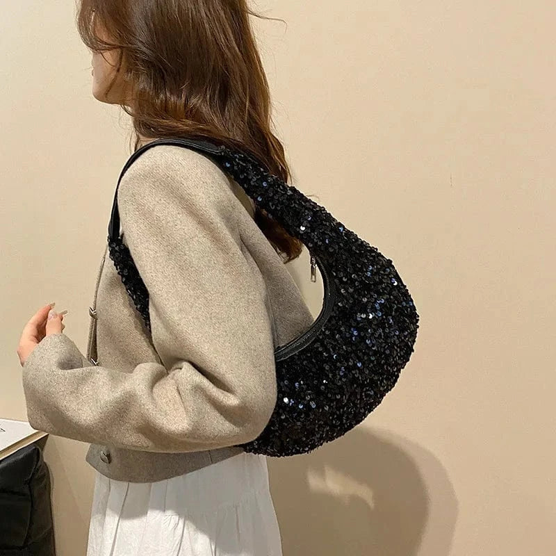 34x30x5cm / Black Fashion Shiny Silver Sequins Evening Clutch Bag Luxury Designer Women's Shoulder Hobo Bag Wedding Dance Dinner Banquet Bag 2024