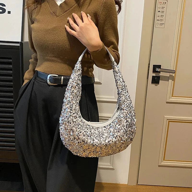 34x30x5cm / White Fashion Shiny Silver Sequins Evening Clutch Bag Luxury Designer Women's Shoulder Hobo Bag Wedding Dance Dinner Banquet Bag 2024