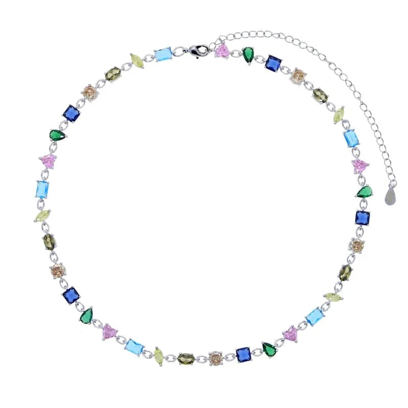 35+10cm / N219-Silver Round Square Rectangle Oval Heart Tear Drop Water Drop Marquise Geometric Colorful Multi Shapes CZ Necklace For Women Jewelry
