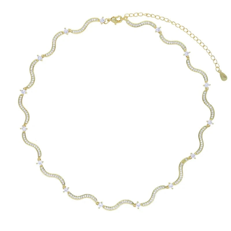 35+10cm / YN53-Gold Bling New Arrived Silver Gold Plated Fashion Design Women Jewelry Micro Pave 5A CZ Wave Chain Choker Necklace