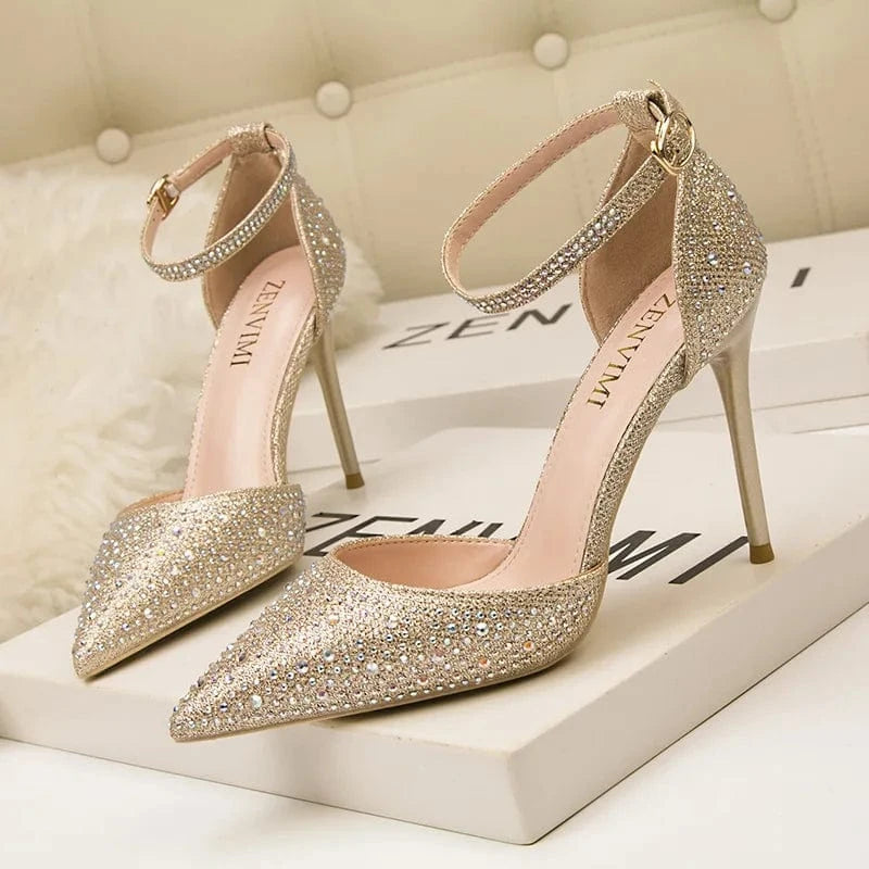 35 / 2 Women's High Heels New Stiletto High Heel Shallow Mouth Pointed Hollow Word Office Shiny Rhinestones Female Wedding Sandals