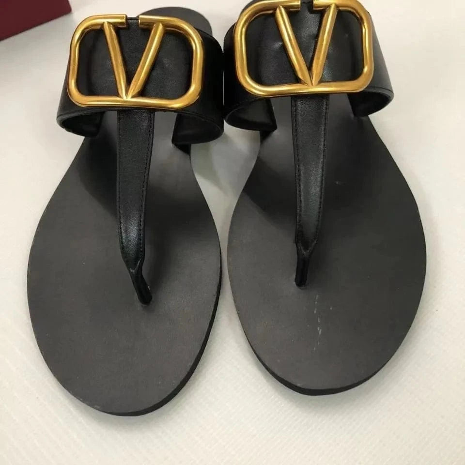 35#225mm / Black 2024 summer slipperT Tape sandal big size flip-flops outdoor women's fashion flip flops shoes for girls new style LEATHER shoes