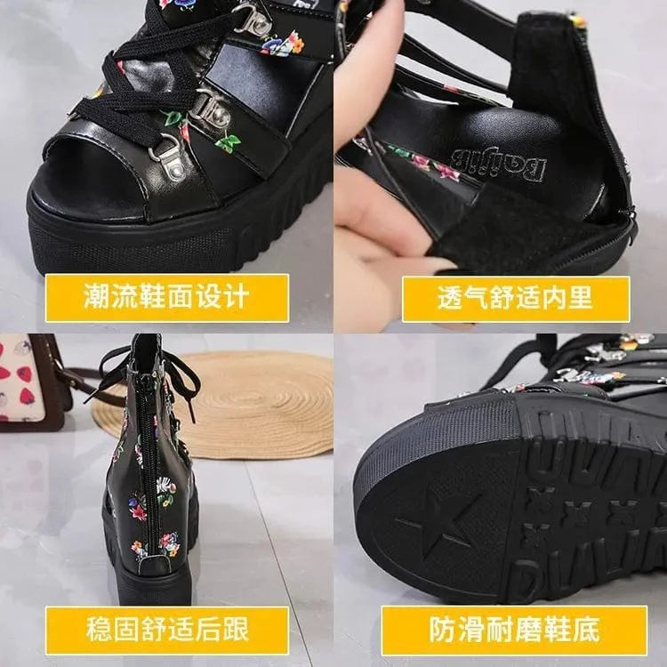 35-42 Fish Mouth Sandals Hollow out inner raised sponge cake thick sole sloping heel Roman sandals high heel 11cm