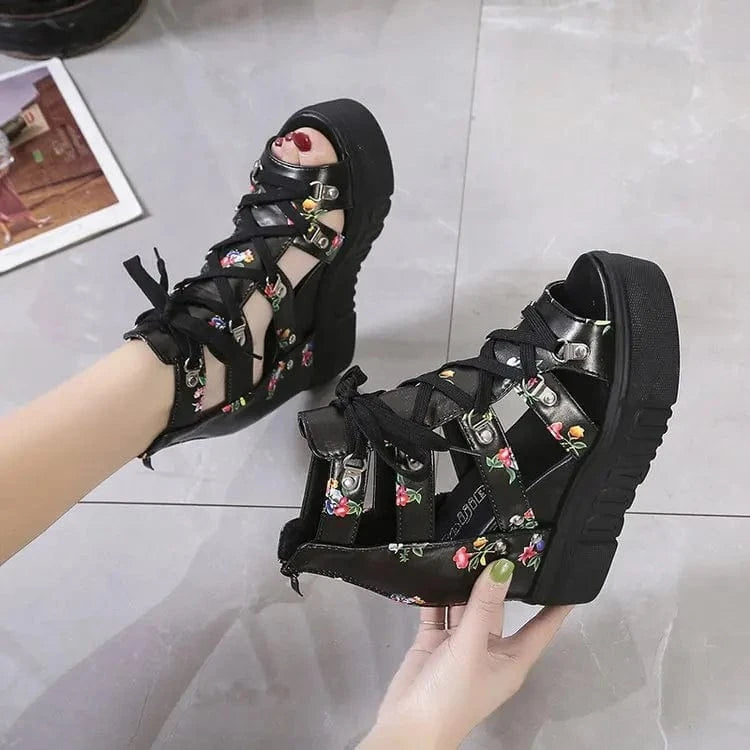 35-42 Fish Mouth Sandals Hollow out inner raised sponge cake thick sole sloping heel Roman sandals high heel 11cm