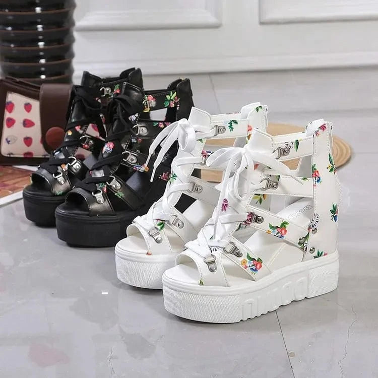 35-42 Fish Mouth Sandals Hollow out inner raised sponge cake thick sole sloping heel Roman sandals high heel 11cm