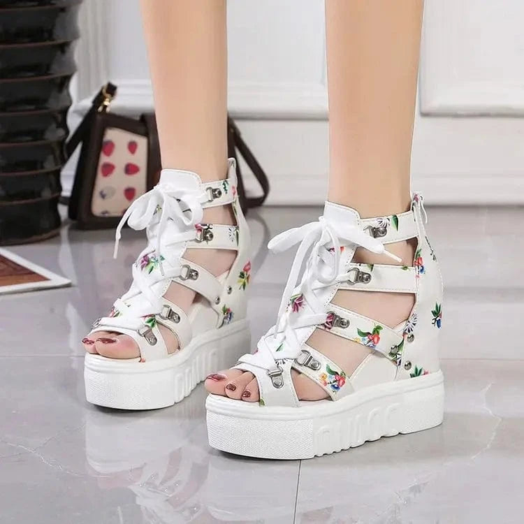 35-42 Fish Mouth Sandals Hollow out inner raised sponge cake thick sole sloping heel Roman sandals high heel 11cm