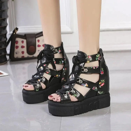 35-42 Fish Mouth Sandals Hollow out inner raised sponge cake thick sole sloping heel Roman sandals high heel 11cm