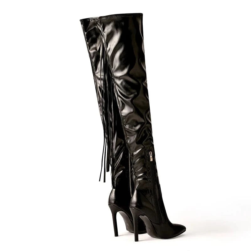 35-42 super high heel pole dance knee long boots stage performance lacquer thin leg high tube women's bright leather boots