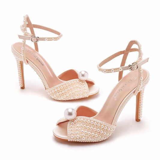 35-43 Fish Mouth High Heel Sandals 10cm White Pearl High Heel Women's Sandals Banquet Wedding Dress Bridal Shoes