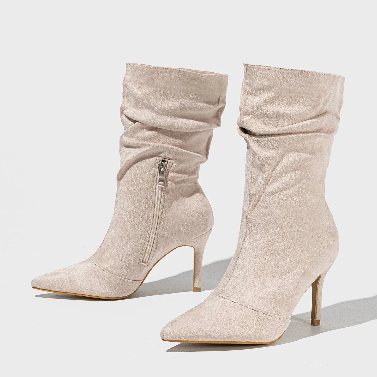 35 / Apricot Hot Selling Four Seasons short boots fashionable thin heel pointed outdoor natural wrinkle suede elastic simple women's boots