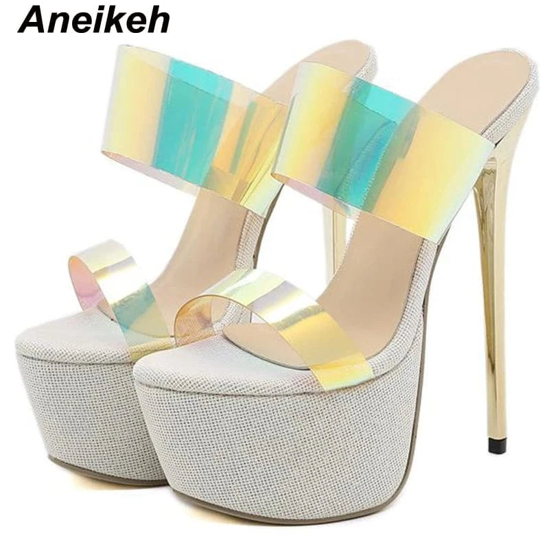 35 / Apricot Spring Slip-On Rome Concise Mixed Colors Summer Fashion Party Head 2023PVC Bling Women High Heel Stiletto Platform Sandals Shoes