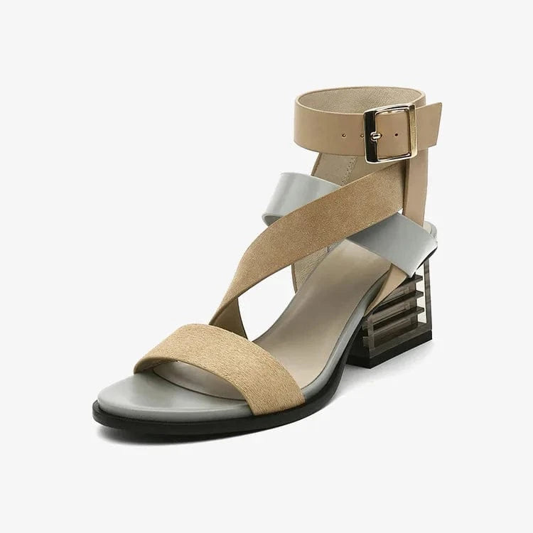 35 / Apricot Women Casual Sandals Fashion Color Patchwork Open-toe Shoes Side Hollow Out Ankle Strap High Heel Sandals Ladies Party Sandalias