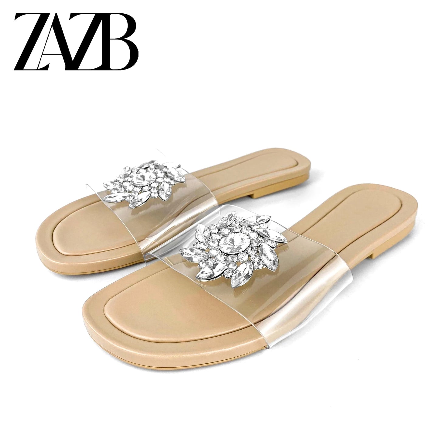 35 / apricot ZAZB Brand Customized Leather Slippers Women's Sandals Luxury Slippers Wedding Bride Ladies and Women's Dress