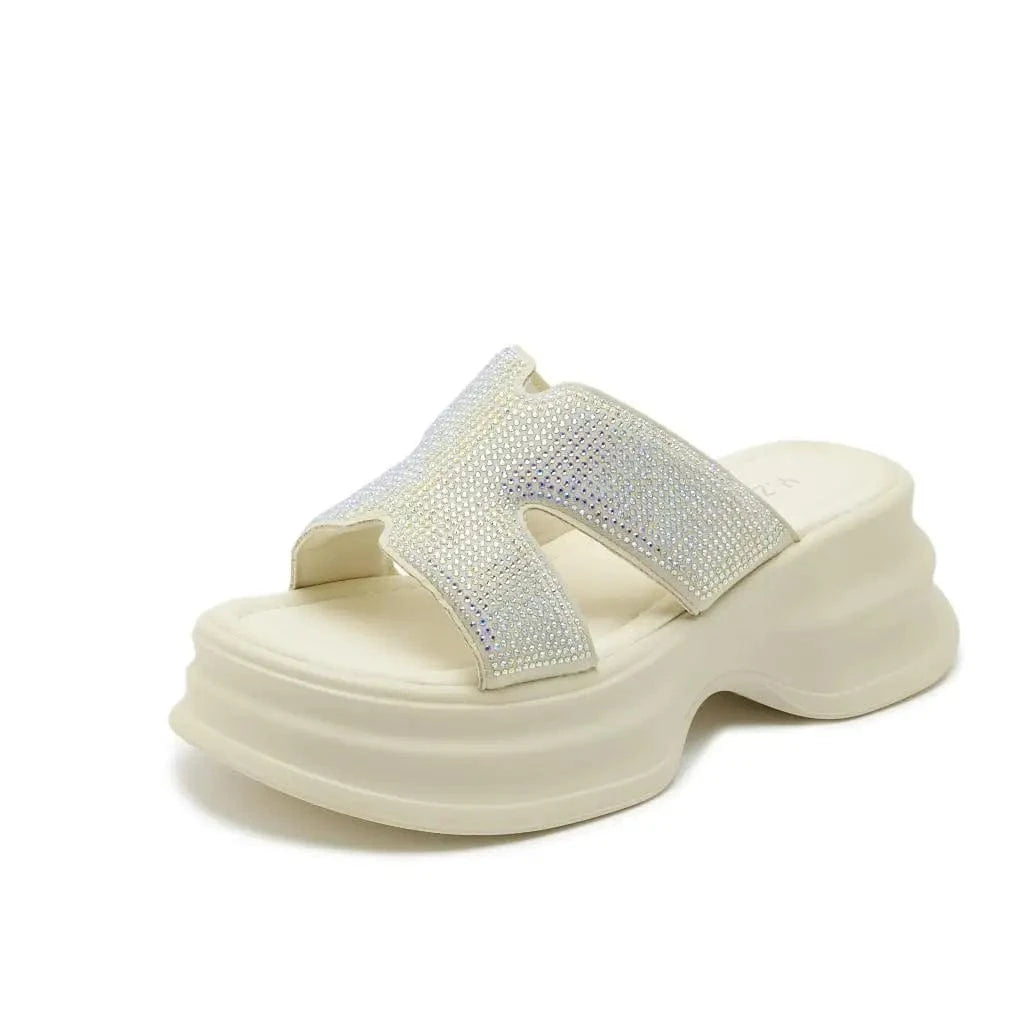 35 / Beige Dropshipping Custom Logo Summer New Rhinestone Slippers Breathable Comfortable Ladies Wedges Sandals