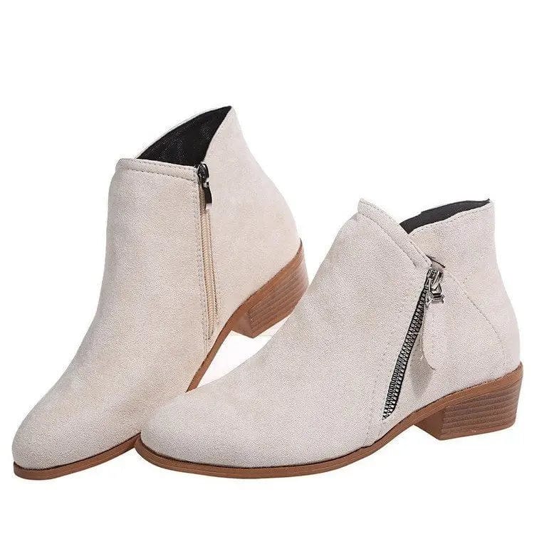35 / Beige New style women chunky heel  ladies short boots side zipper suede casual boots winter boots for women