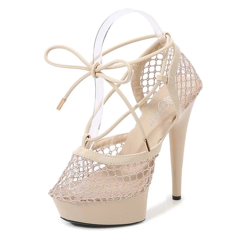 35 / Beige Trendy Ankle Wrap Women Platform Shoes 13 CM Stiletto Strippers Mesh Pole Dance High Heels Sandals Sexy