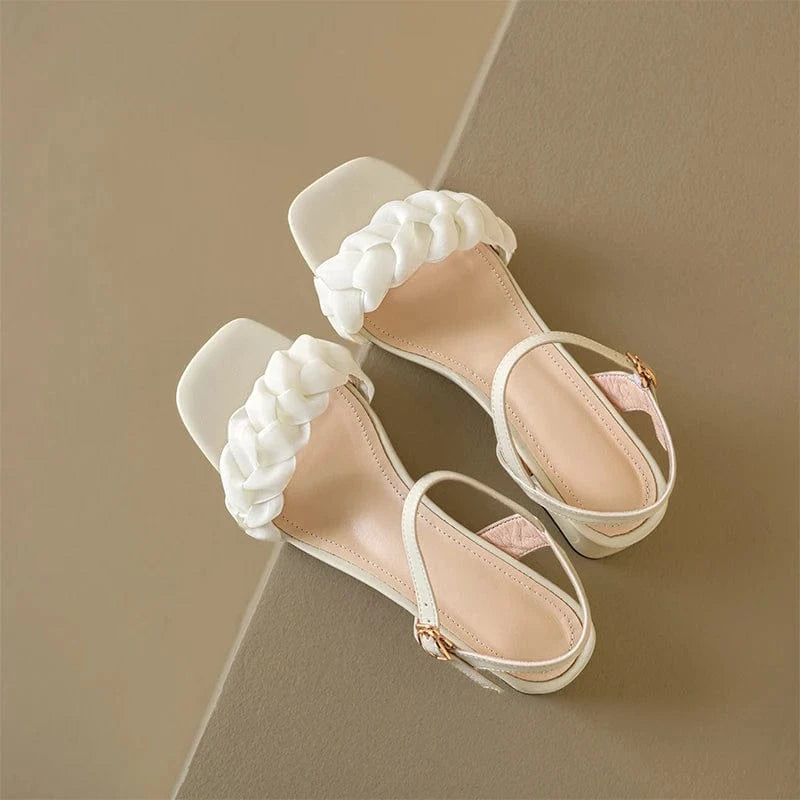 35 / Beige Ubililia Women Sandals Shoes Korean Style Buckle Fashion Mid Heels Shoes Ankle Straps Silk Chunky Heeled Sandals for Ladies