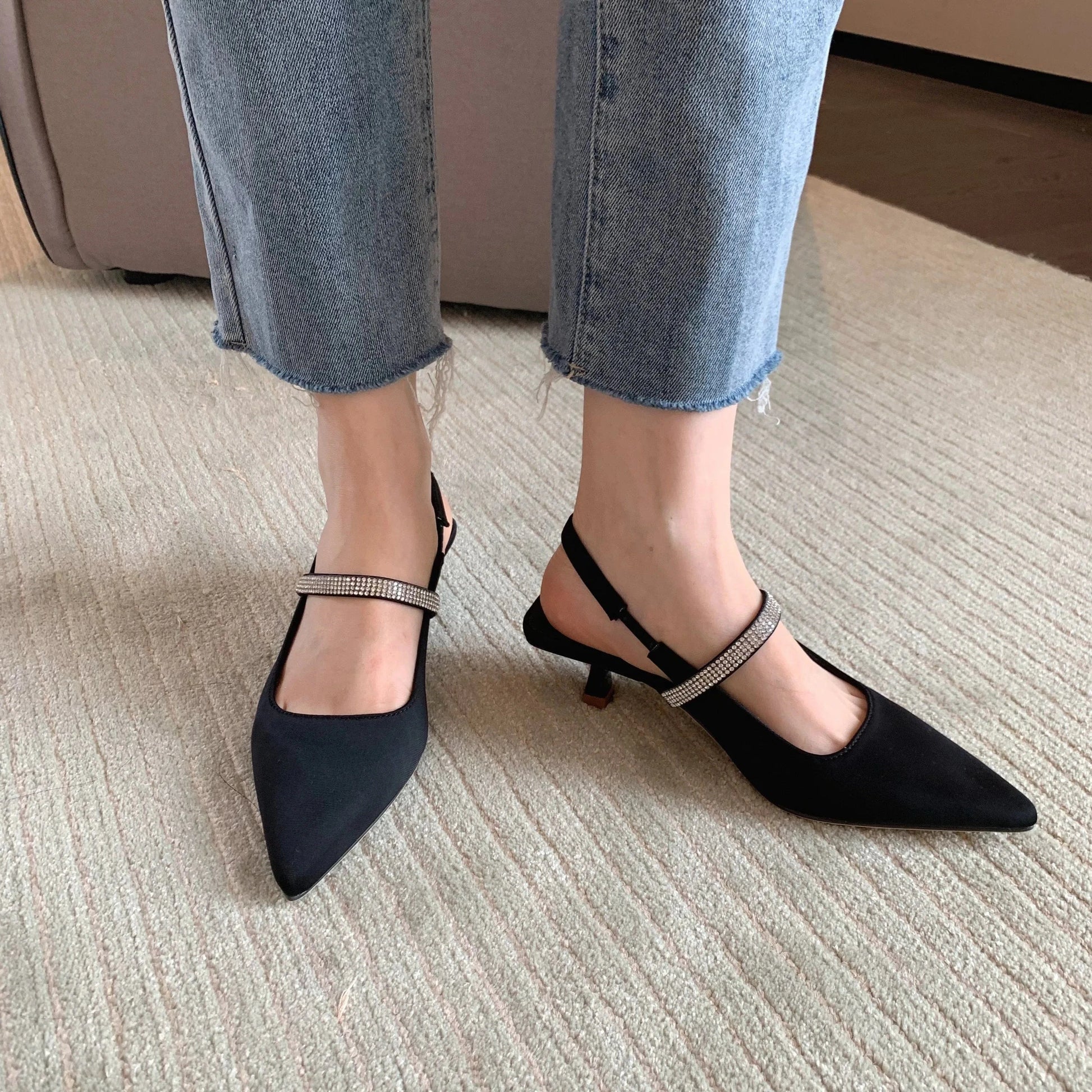 35 / Black 2023 new pointed toe all-match stiletto women's single shoes with high heel toe back empty sandals