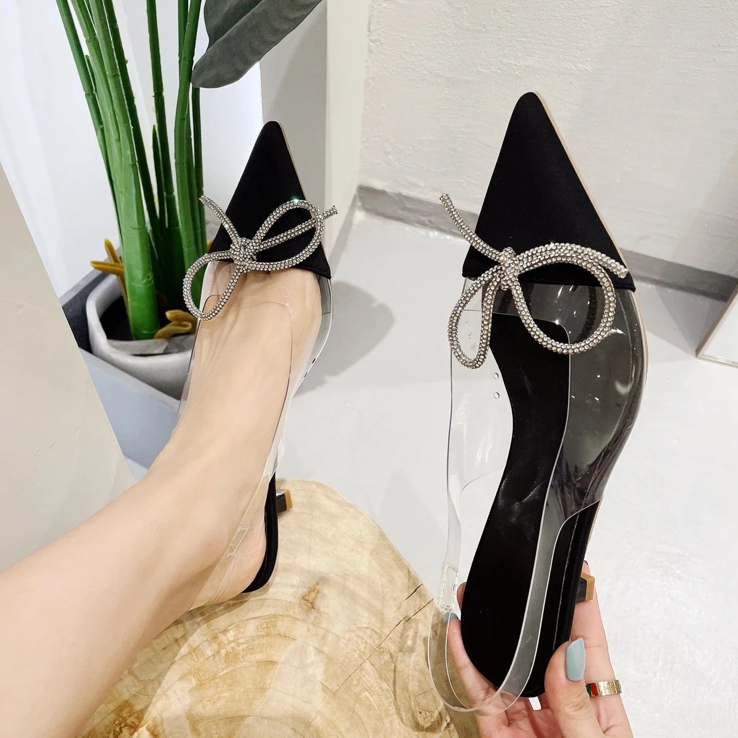 35 / Black 2023 new sexy transparent word with pointed toe stiletto back empty sandals Baotou high-heeled women's single shoes
