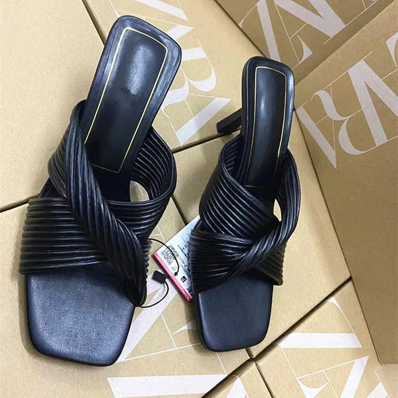 35 / Black 5cm Women Wrapped Strappy Casual Square Peep Toe High Heels Sandals Ladies Casual Dress Shoes
