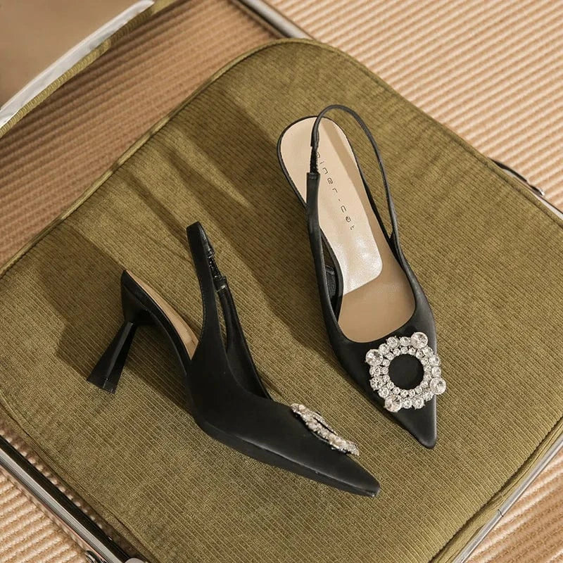 35 / Black 7.5cm Chaussures Femme Sexy Microfiber Rhinestone Buckle Zapatos De Mujer Pointed-toe Slingback High Heel Sandals Ladies Party Sandals