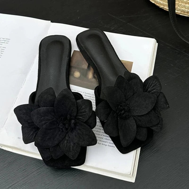 35 / Black Aneikeh Rose Red Women PU Outdoor Anti Slip Sandals Simple Leisure Shallow Fashion Flower Square Toe Flats Slippers 2023 Summer