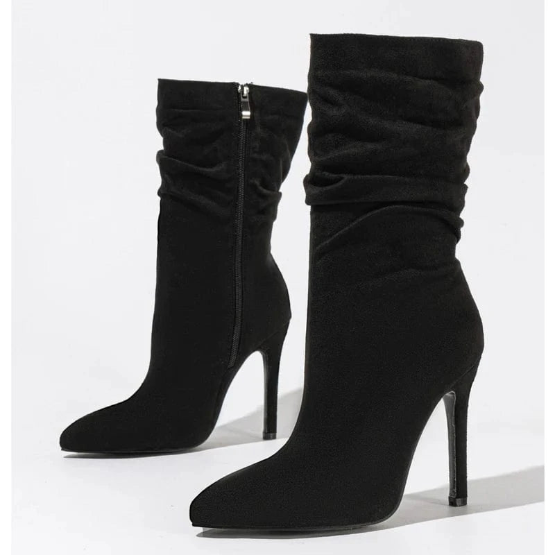 35 / Black Aneikeh Wedding Pleated Flock Fashion Solid Platform Zipper Boots Women Winter Fashion Pointed Toe Thin High Heel Short Botas