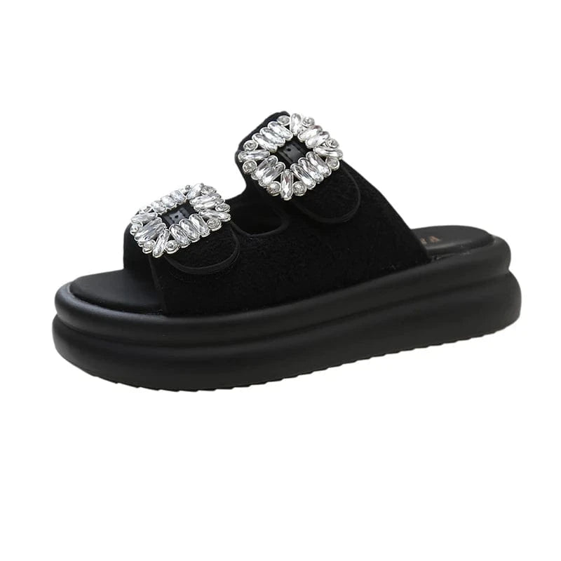 35 / Black Dropshipping Custom Logo Rhinestone Ladies Comfortable Wedges Slippers Fashion Platform Slides with Anti-Slip Eva Insole