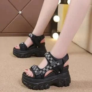 35 / Black Dropshipping Custom Logo Summer Women's Fashion Strappy Platform Chunky Wedge Heel Sandals Womens Rhinestone Sandals