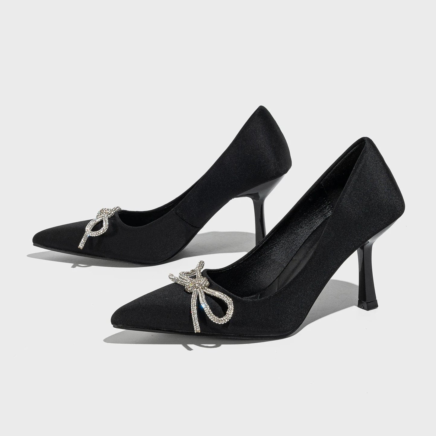35 / Black Hot sale Four Seasons French rhinestone bow socialite temperament high heel versatile simple summer plus size single shoes