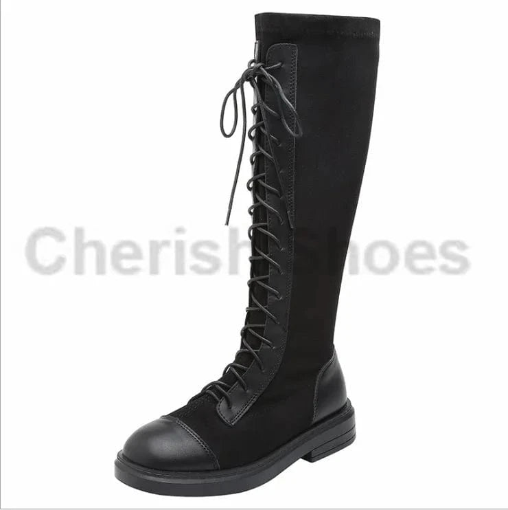 35 / Black New arrival last design sock boots stretch material round toe block knee high boots for winter lace up detail black cool fashion