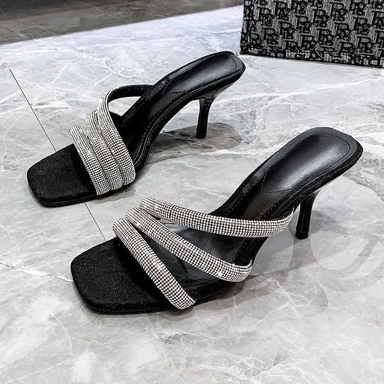 35 / Black New Arrival Sexy Women Square Toe Sandals Shiny Elegant Fashion Outdoor Sandals High Heels