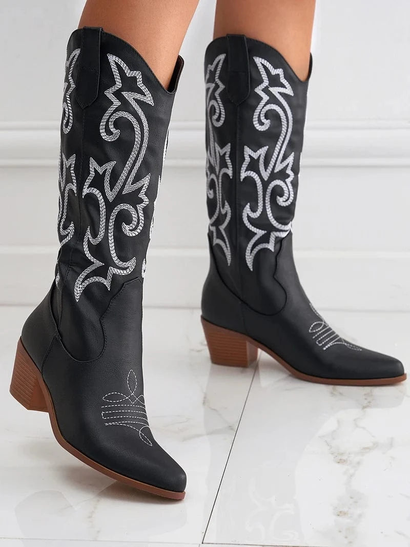 35 / Black New thick heel wild western cowboy boots embroidered sleeve knight boots retro medium tube large size riding boots