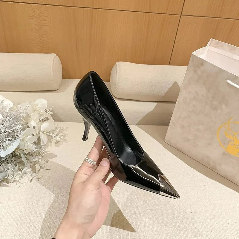 35 / Black Patent Leather 2024 Women Pumps Fashion Metal Decor Pointed-toe Mujer Zapatos Wrap-toe Shallow High Heel Pumps Ladies Daily Office Career Shoes