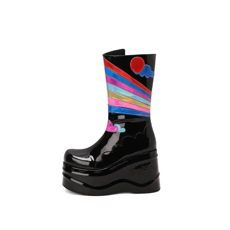 35 / Black Rainbow Color Print Fashion Side Zip Short Booty Round Toe Thick Heel Shoes Wedges Women Half Knee High Boots Black Size 44