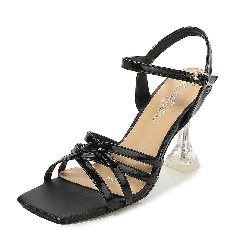 35 / Black Stylish 9cm Crystal Thin Heels Square Toe Sandals with Diamonds Tassels Ankle Straps High Heels Shoes for Women and Girls