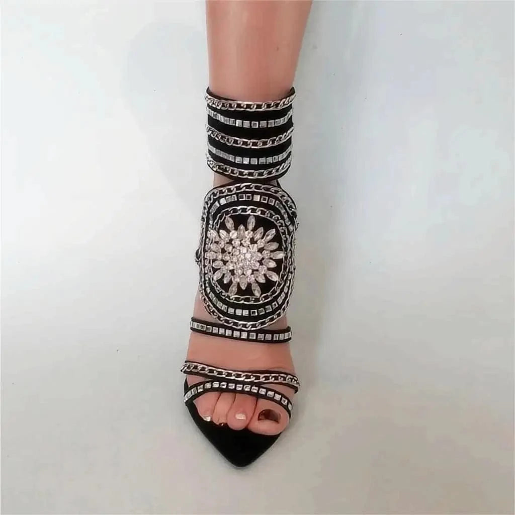 35 / Black Ubililia back zipper up pointed toe diamond sandals for women Spring summer metal chain details peep toe ankle Boots sandals