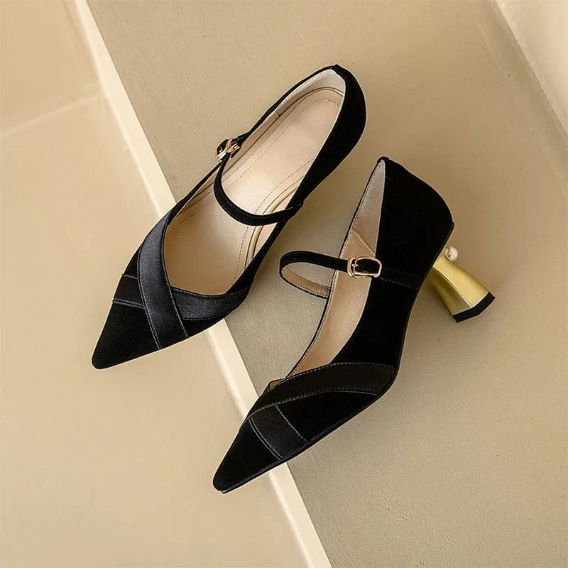 35 / Black Ubililia Fairy buckle strap block heels pointed toe mid gold heels with pearl suede pumps x strap kitten heels Dress Shoes