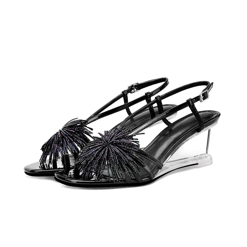 35 / Black Ubililia PVC clear wedge heels rhinestone tassels Sexy ladies summer sandals Koran ankle strap Party Heels Sandals for Woman